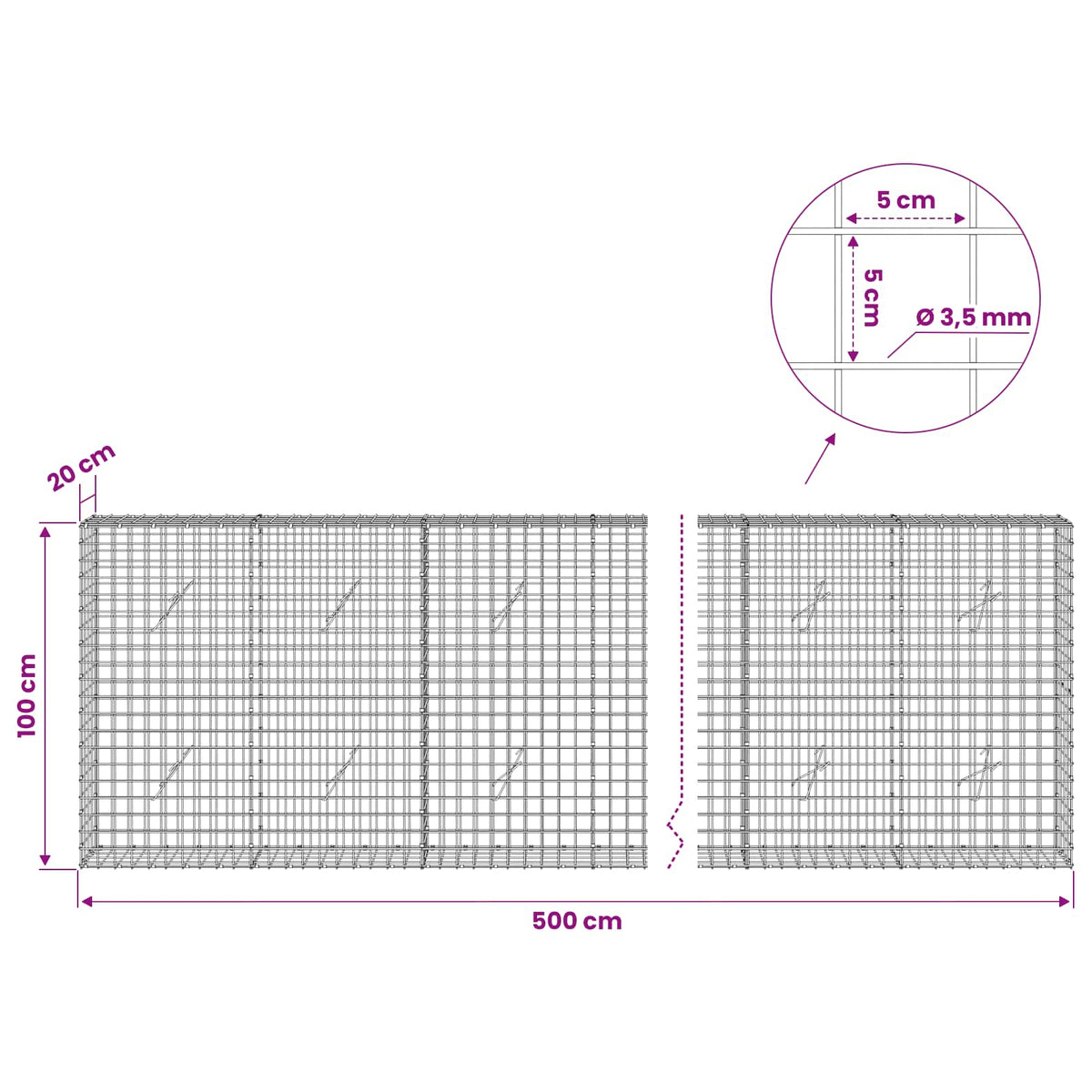 Gabion s žicom debljine 3,5 mm i mrežom 5x5 cm 500x20x100 cm
