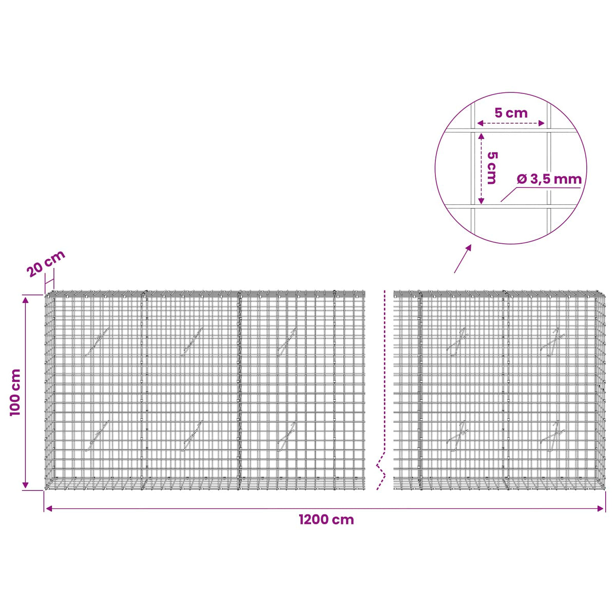 Gabion s žicom debljine 3,5 mm i mrežom 5x5 cm 1200x20x100 cm
