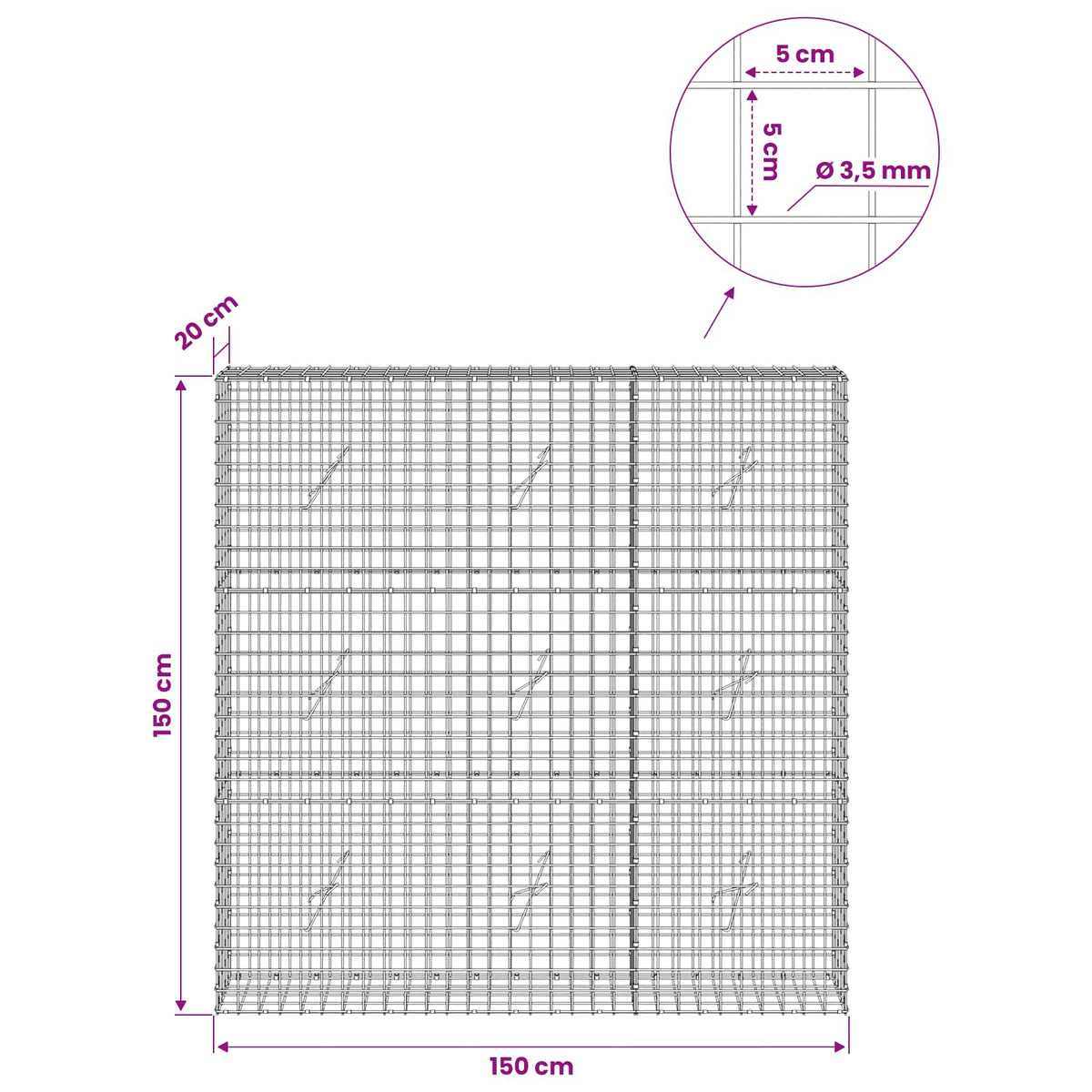 Gabion s žicom debljine 3,5 mm i mrežom 5x5 cm 150x20x150 cm