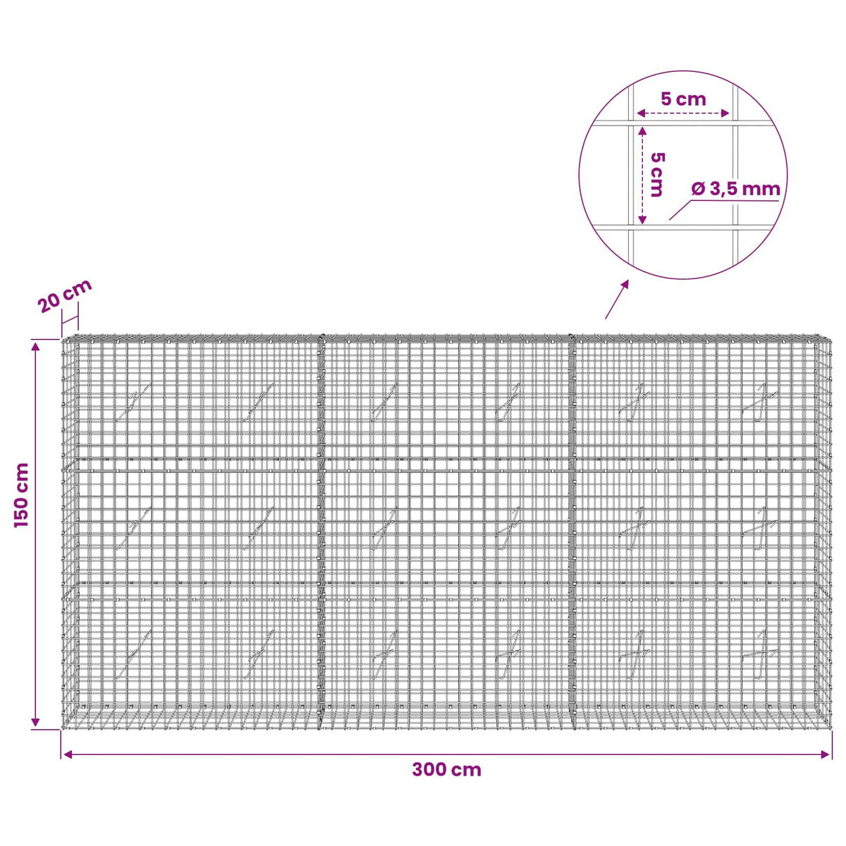 Gabion s žicom debljine 3,5 mm i mrežom 5x5 cm 300x20x150 cm