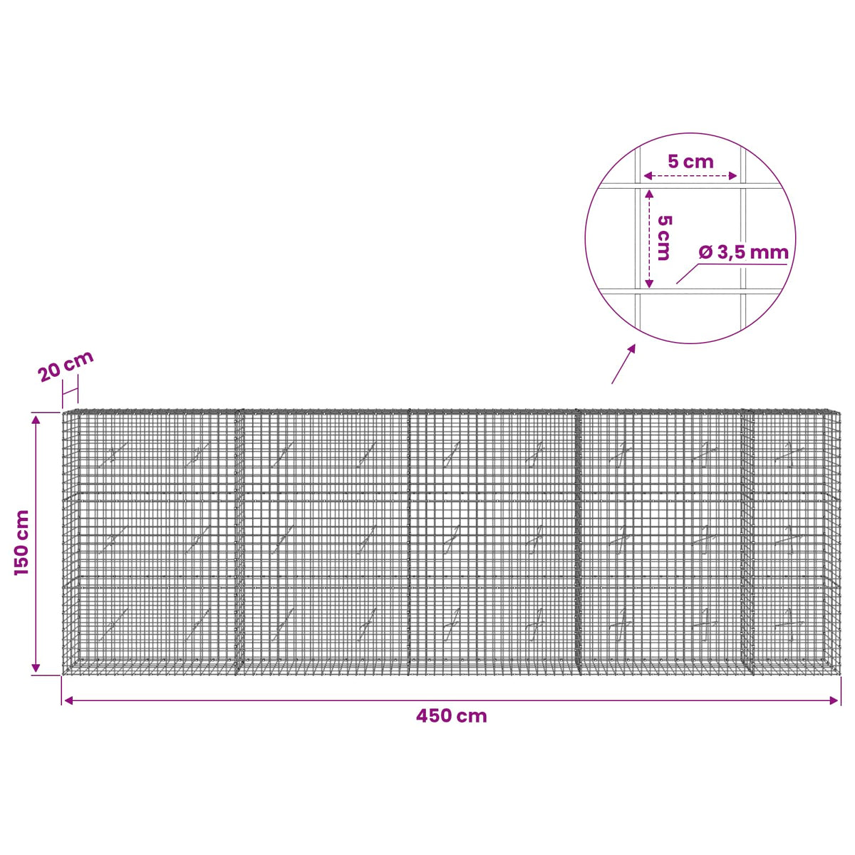 Gabion s žicom debljine 3,5 mm i mrežom 5x5 cm 450x20x150 cm