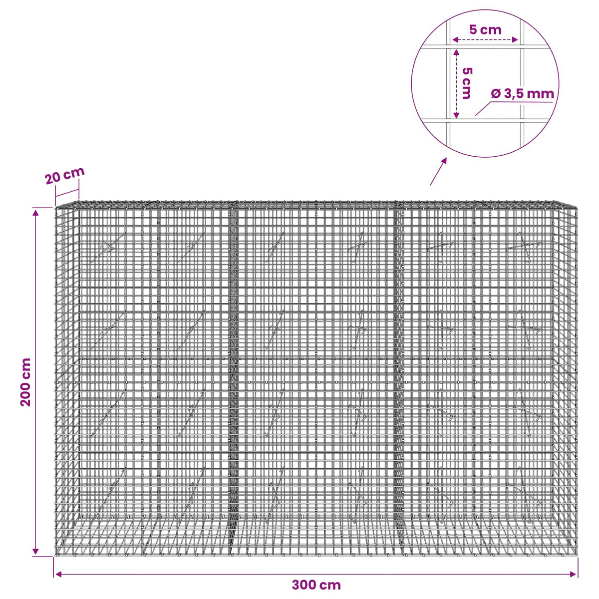 Gabion s žicom debljine 3,5 mm i mrežom 5x5 cm 300x20x200 cm