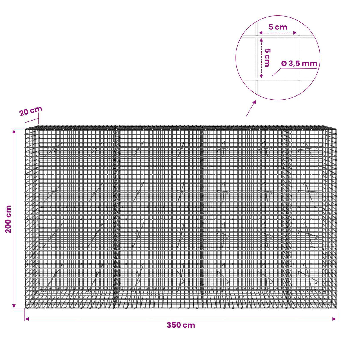 Gabion s žicom debljine 3,5 mm i mrežom 5x5 cm 350x20x200 cm