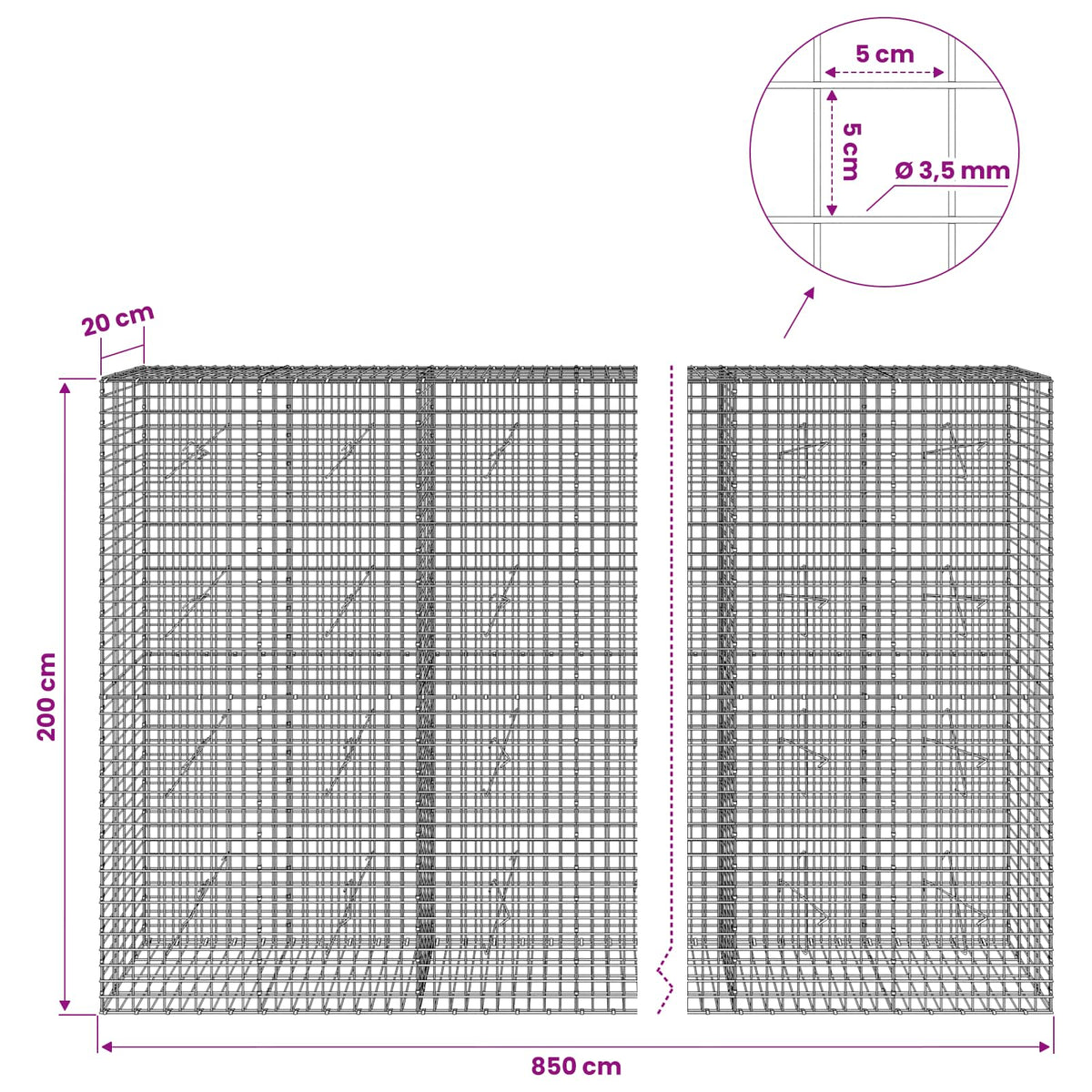 Gabion s žicom debljine 3,5 mm i mrežom 5x5 cm 850x20x200 cm