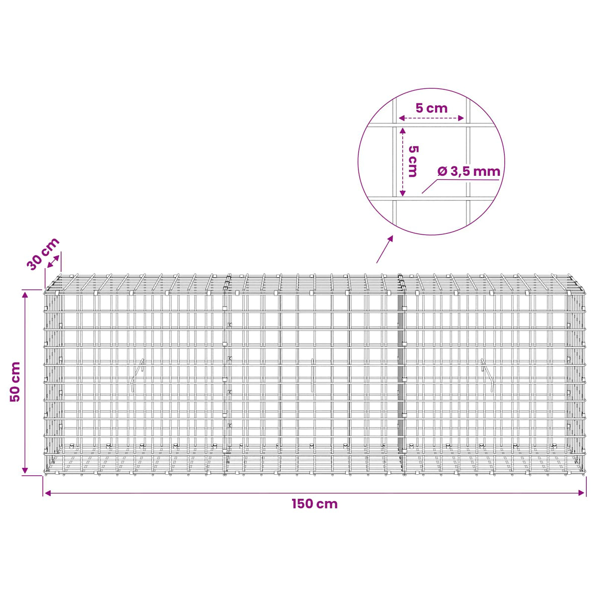 Gabion s žicom debljine 3,5 mm i mrežom 5x5 cm 150x30x50 cm