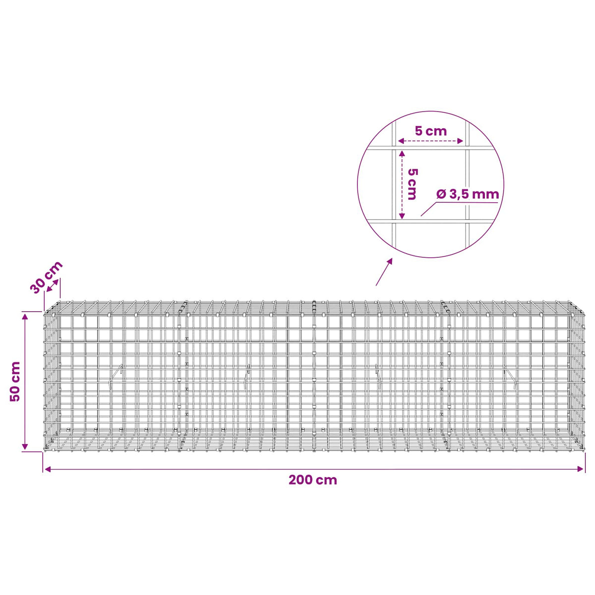 Gabion s žicom debljine 3,5 mm i mrežom 5x5 cm 200x30x50 cm