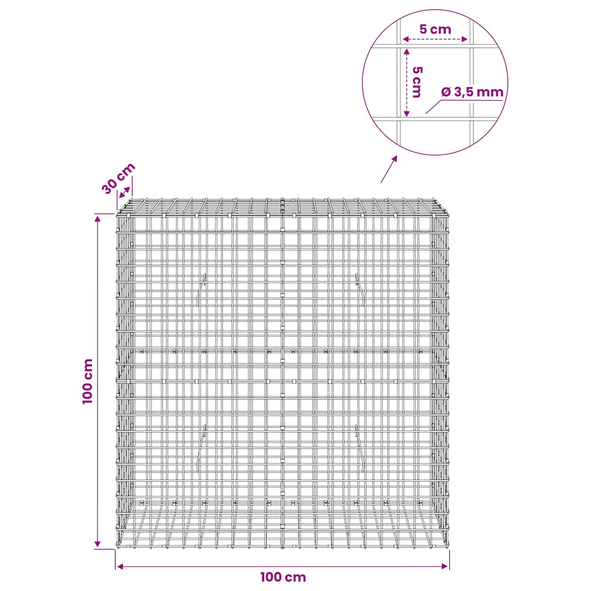 Gabion s žicom debljine 3,5 mm i mrežom 5x5 cm 100x30x100 cm