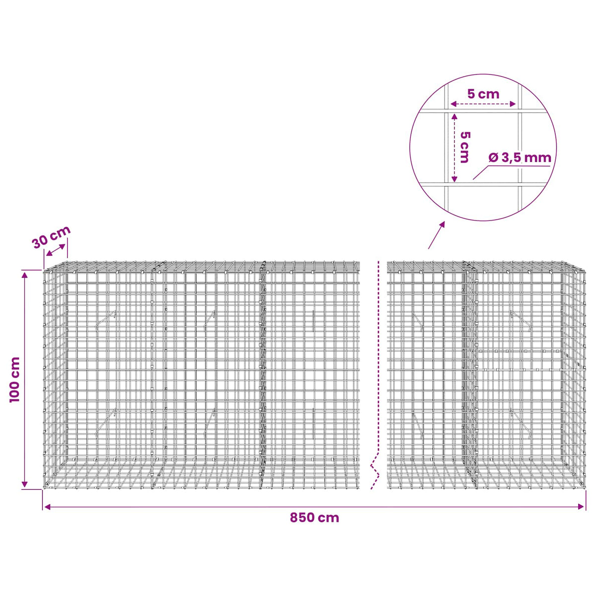 Gabion s žicom debljine 3,5 mm i mrežom 5x5 cm 850x30x100 cm