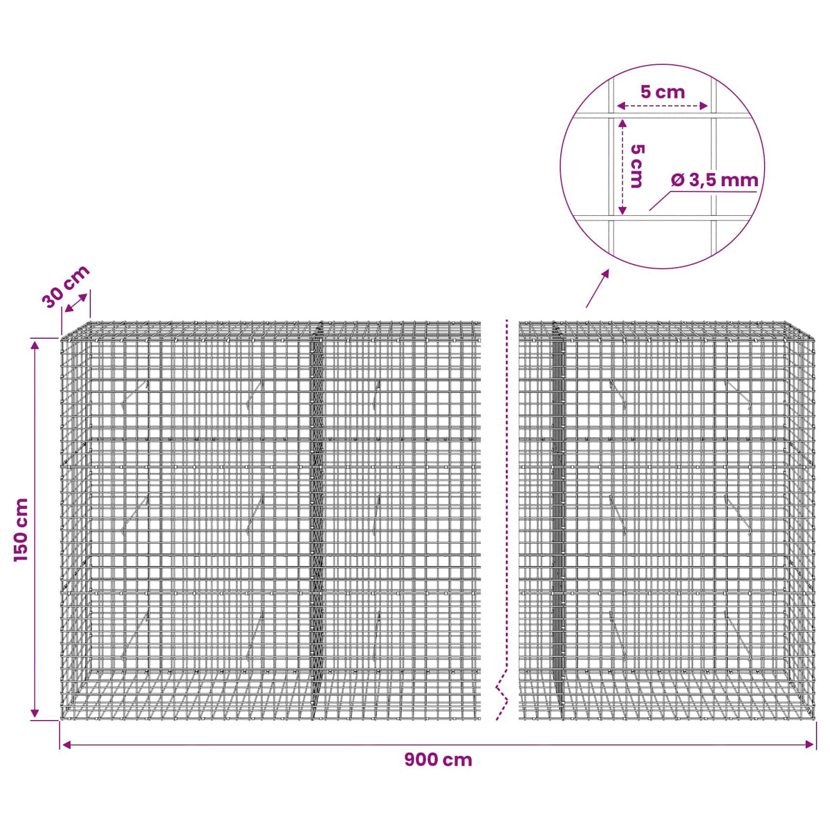 Gabion s žicom debljine 3,5 mm i mrežom 5x5 cm 900x30x150 cm