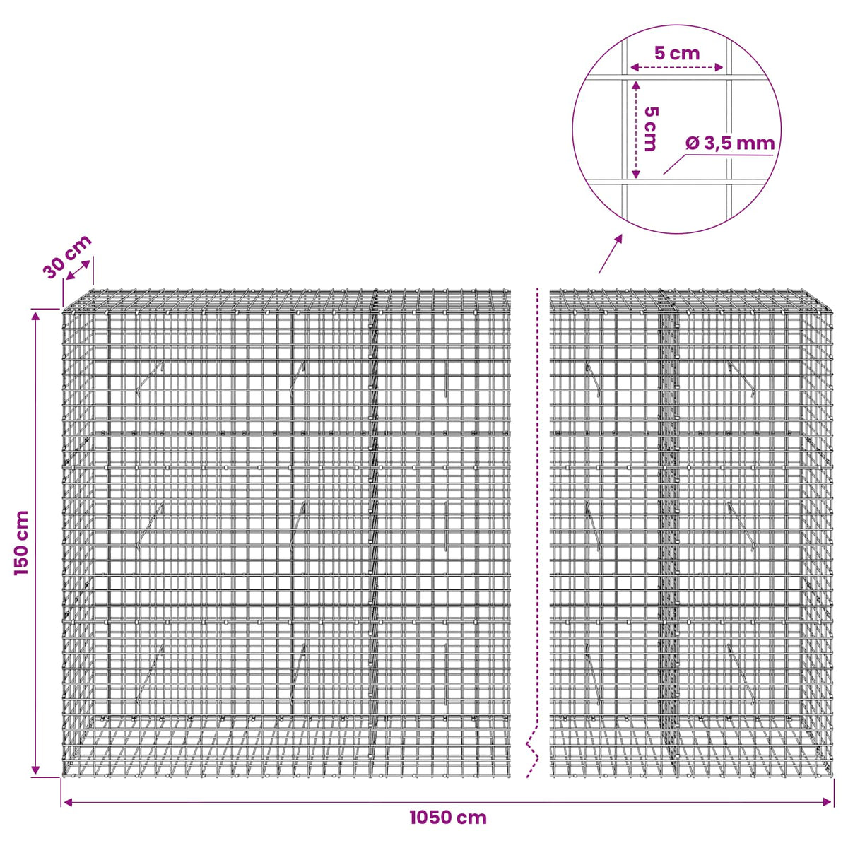Gabion s žicom debljine 3,5 mm i mrežom 5x5 cm 1050x30x150 cm