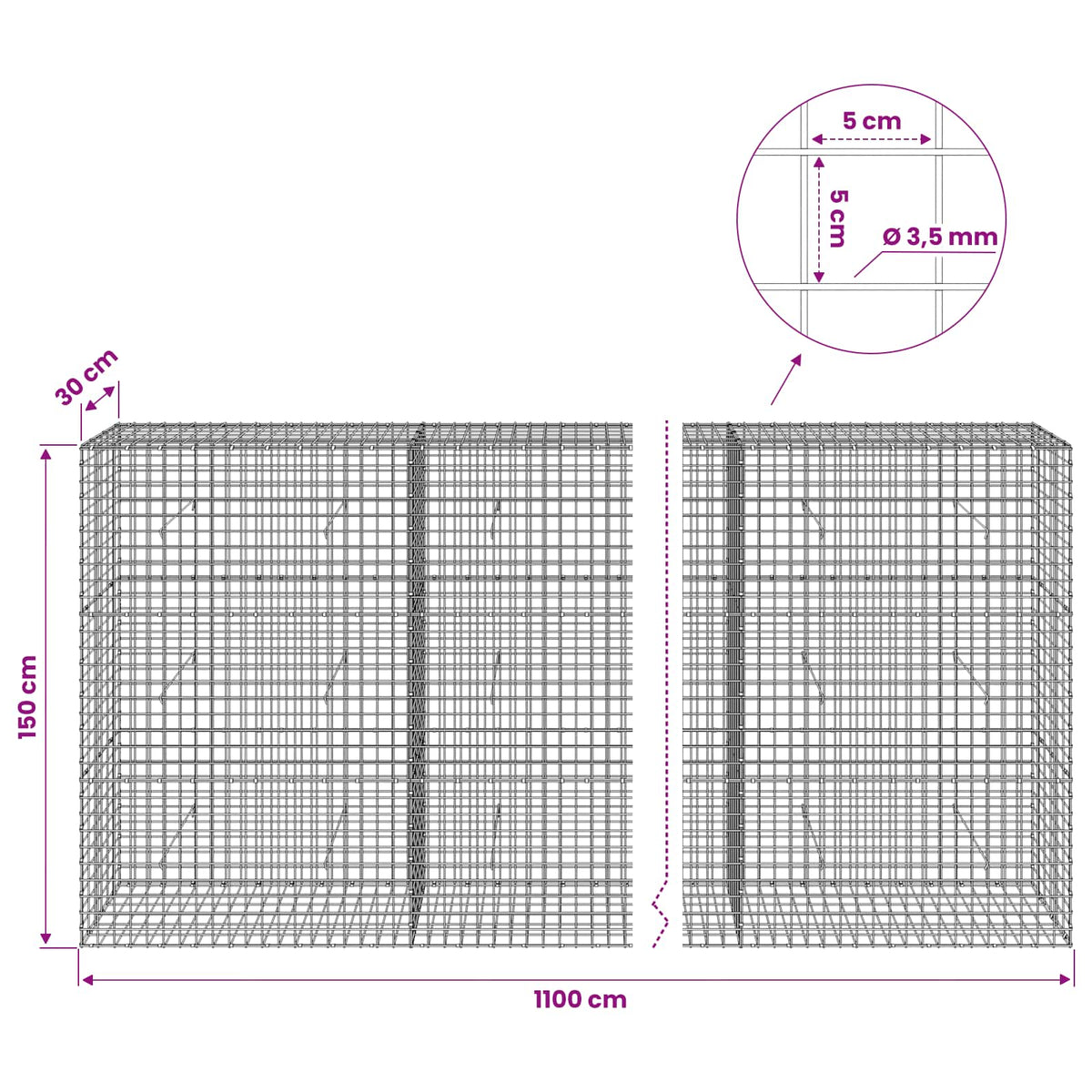 Gabion s žicom debljine 3,5 mm i mrežom 5x5 cm 1100x30x150 cm