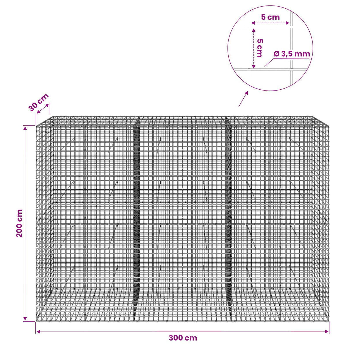 Gabion s žicom debljine 3,5 mm i mrežom 5x5 cm 300x30x200 cm