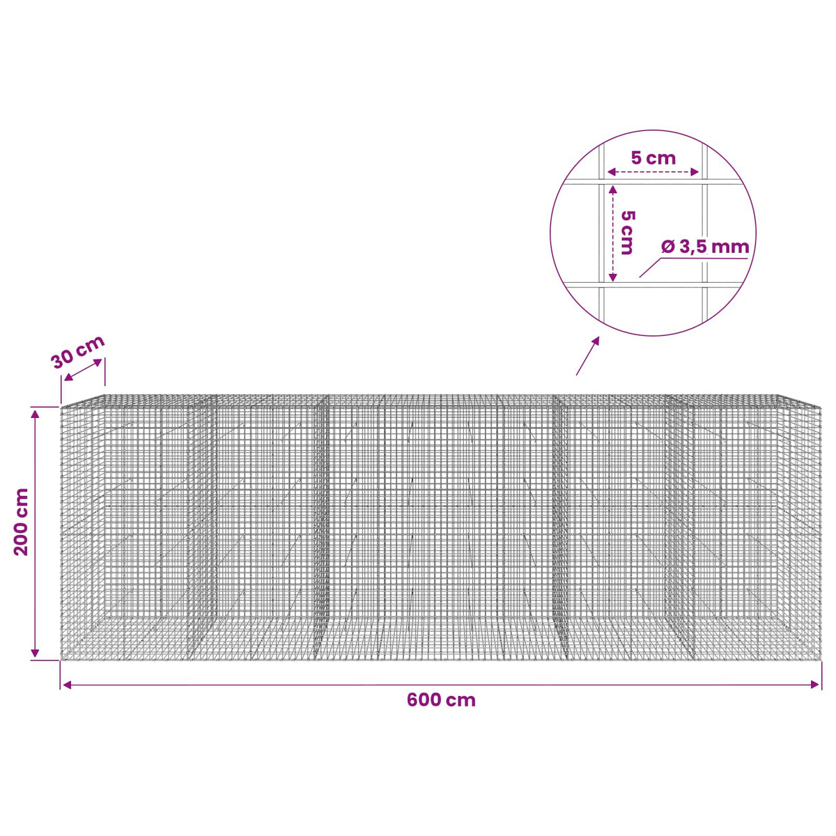 Gabion s žicom debljine 3,5 mm i mrežom 5x5 cm 600x30x200 cm