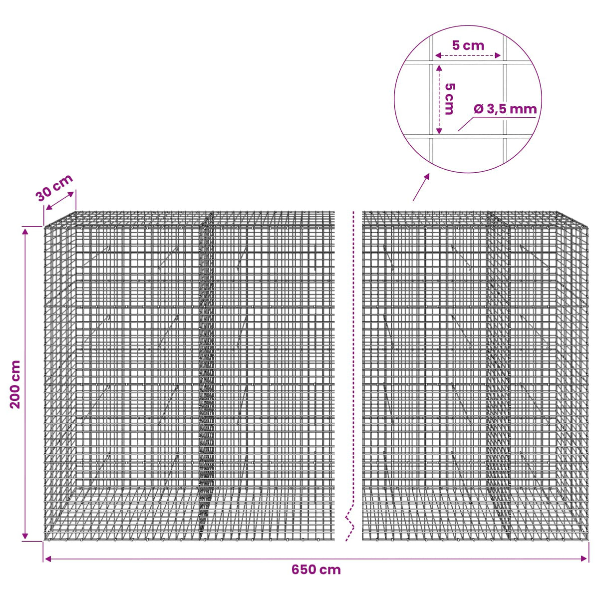 Gabion s žicom debljine 3,5 mm i mrežom 5x5 cm 650x30x200 cm