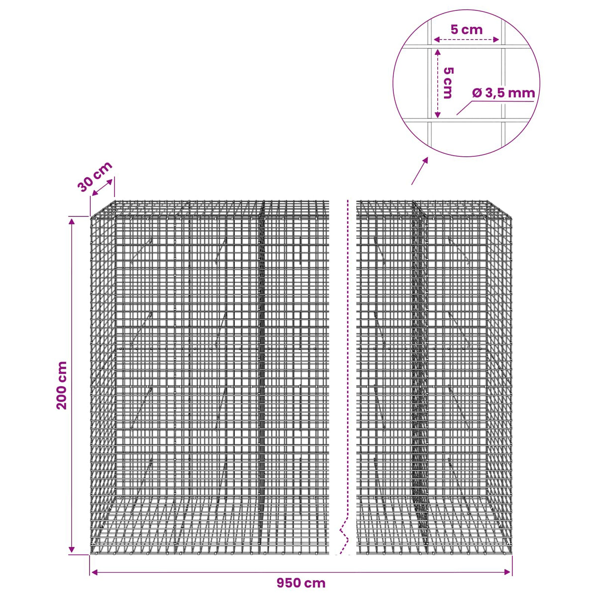 Gabion s žicom debljine 3,5 mm i mrežom 5x5 cm 950x30x200 cm