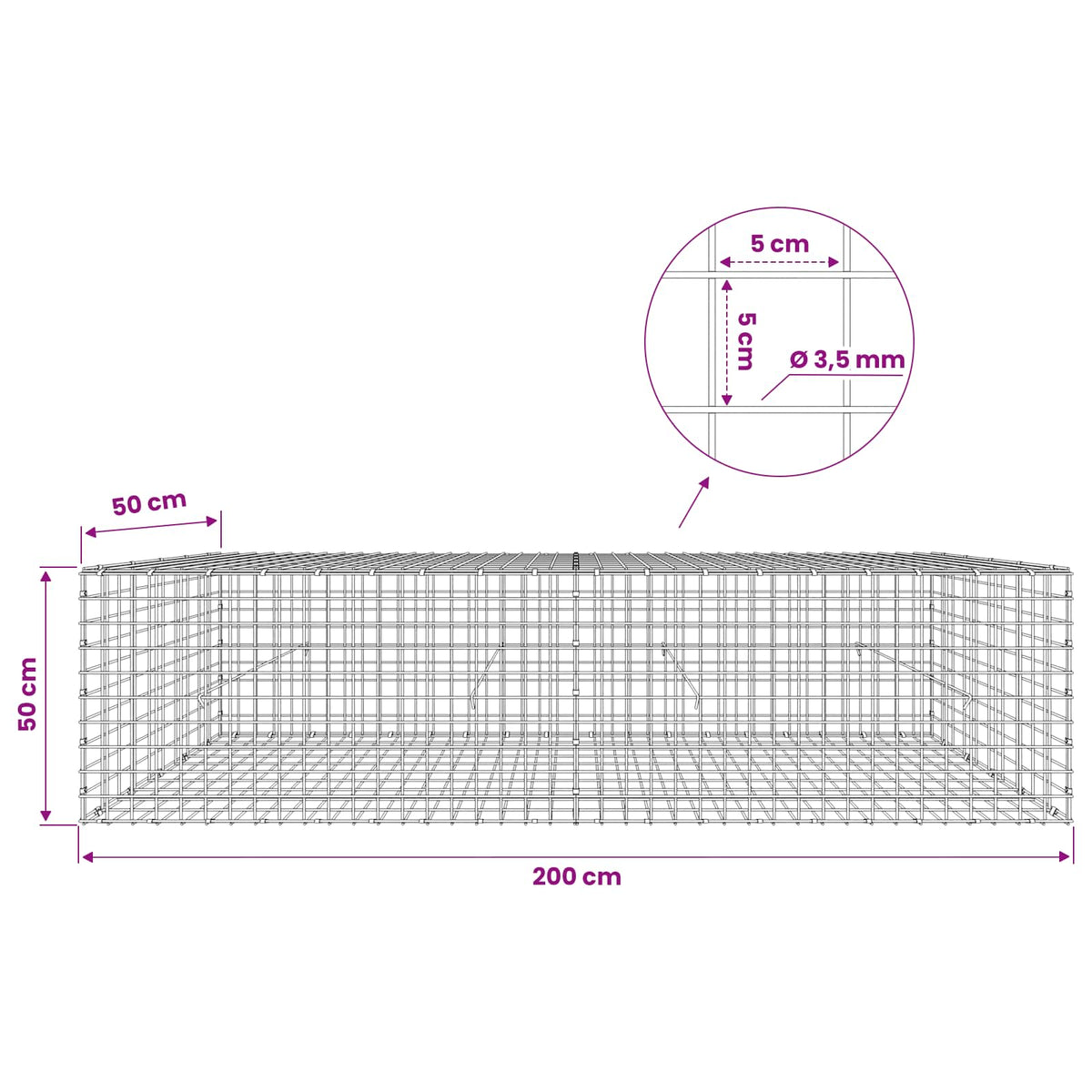 Gabion s žicom debljine 3,5 mm i mrežom 5x5 cm 200x50x50 cm