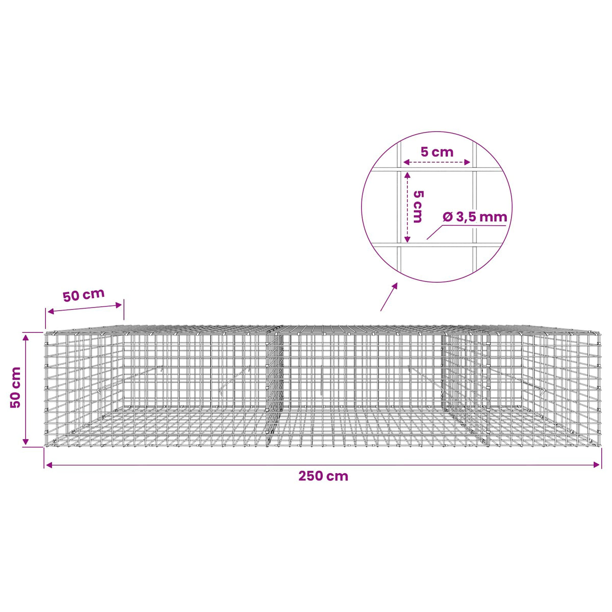 Gabion s žicom debljine 3,5 mm i mrežom 5x5 cm 250x50x50 cm