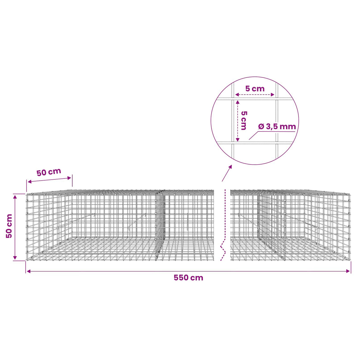 Gabion s žicom debljine 3,5 mm i mrežom 5x5 cm 550x50x50 cm