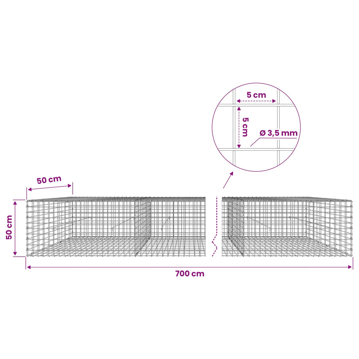 Gabion s žicom debljine 3,5 mm i mrežom 5x5 cm 700x50x50 cm