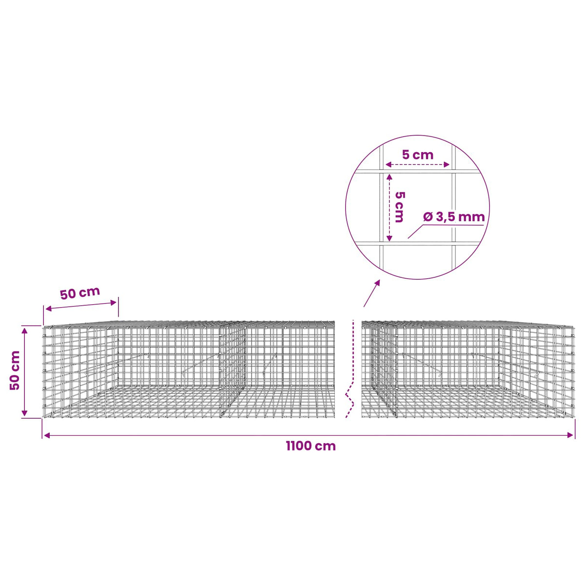 Gabion s žicom debljine 3,5 mm i mrežom 5x5 cm 1100x50x50 cm