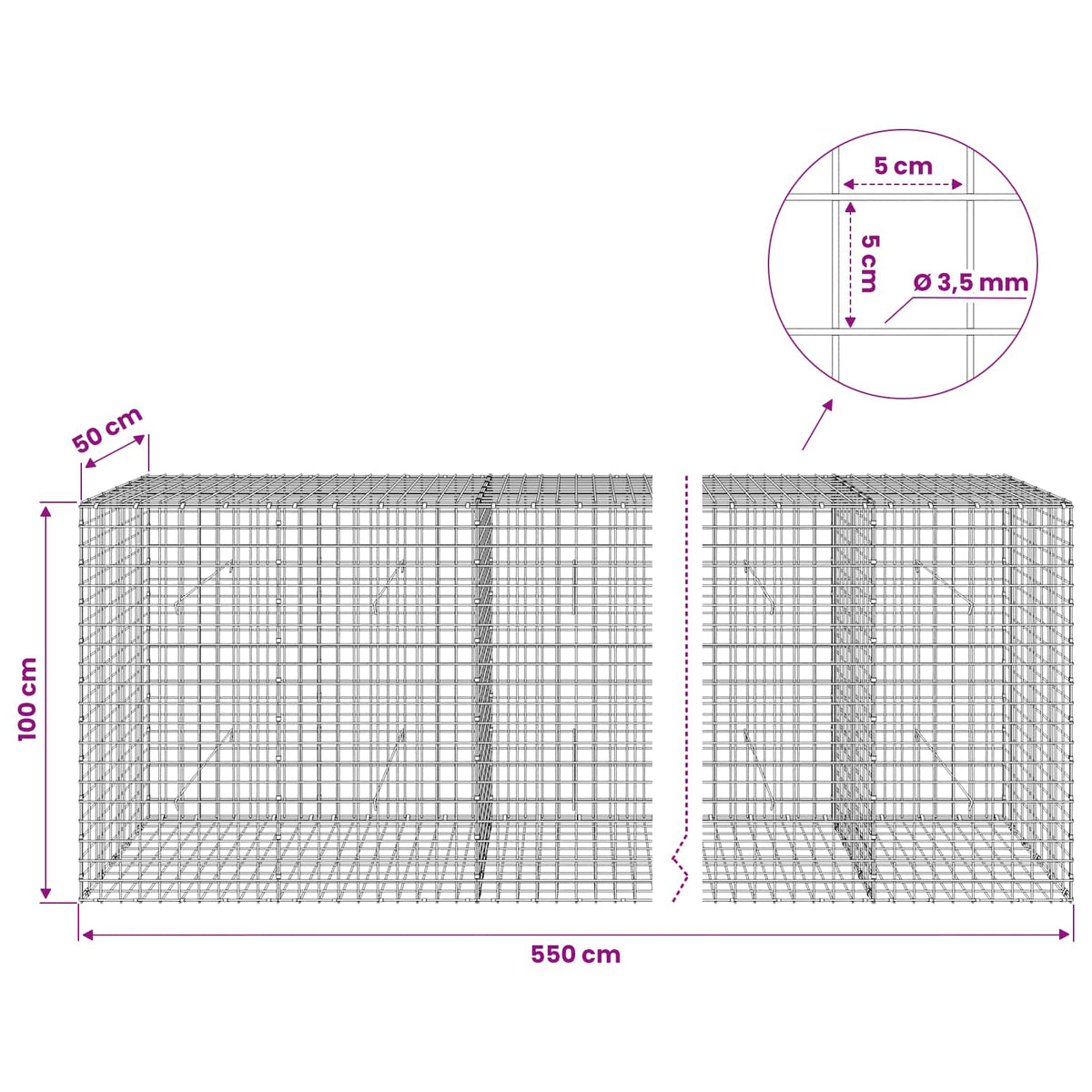 Gabion s žicom debljine 3,5 mm i mrežom 5x5 cm 550x50x100 cm