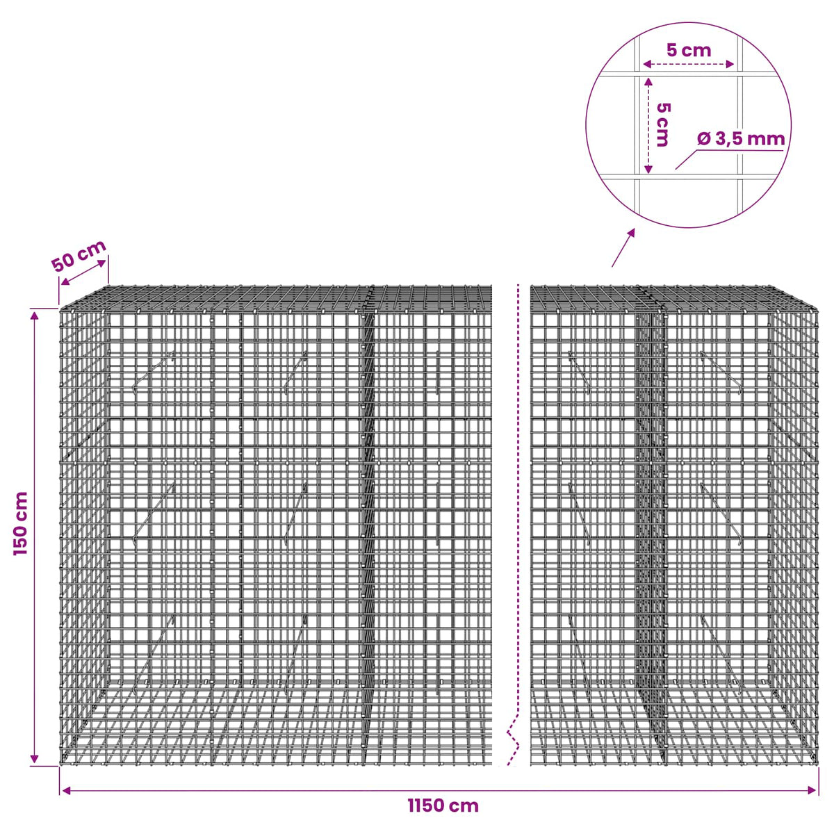 Gabion s žicom debljine 3,5 mm i mrežom 5x5 cm 1150x50x150 cm