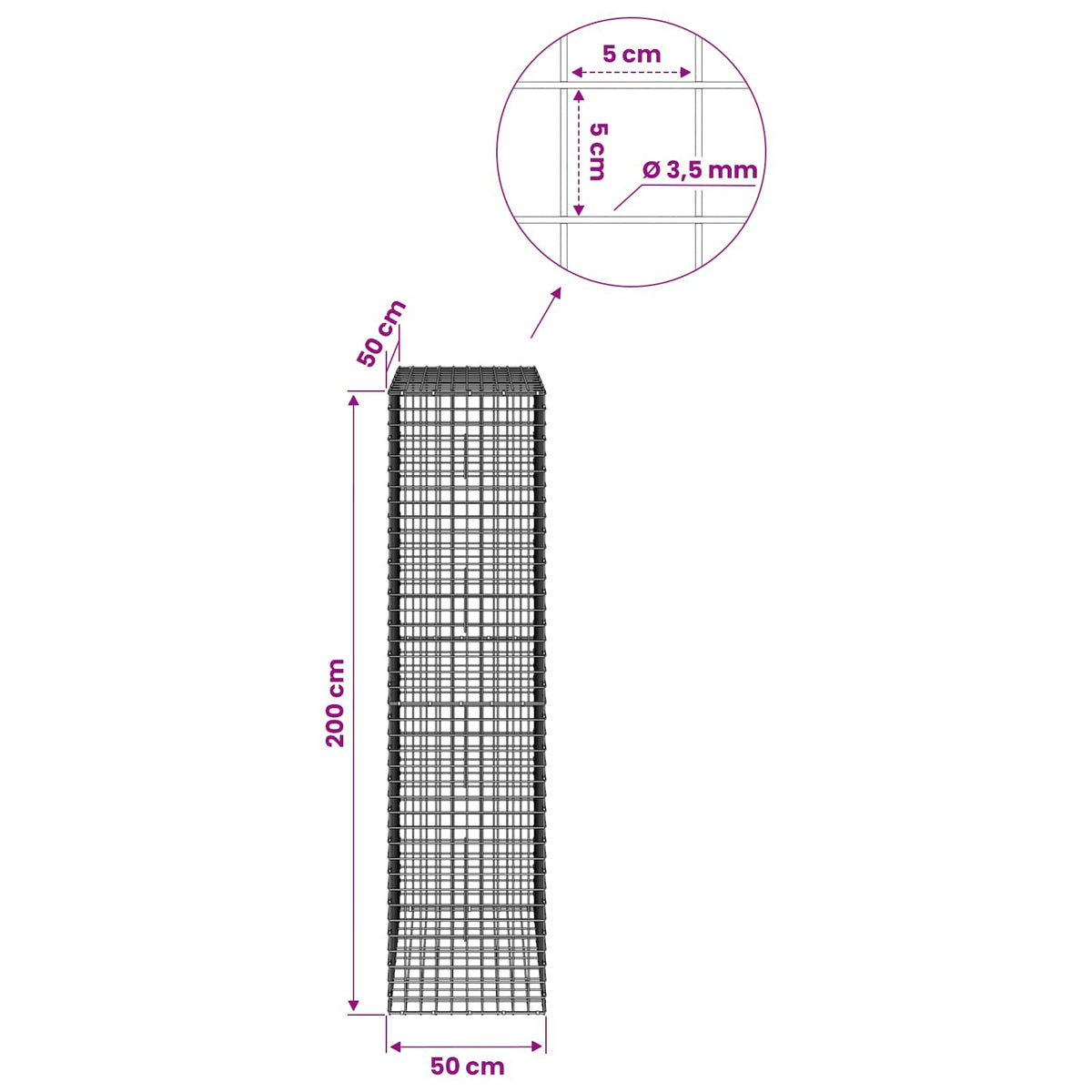Gabion s žicom debljine 3,5 mm i mrežom 5x5 cm 50x50x200 cm