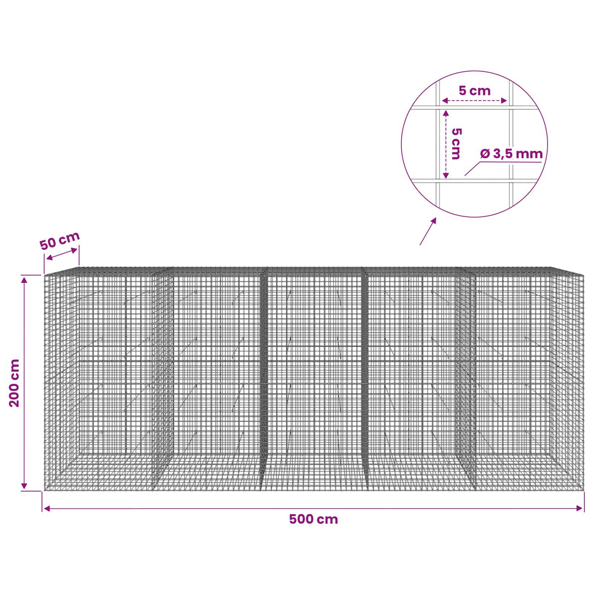 Gabion s žicom debljine 3,5 mm i mrežom 5x5 cm 500x50x200 cm