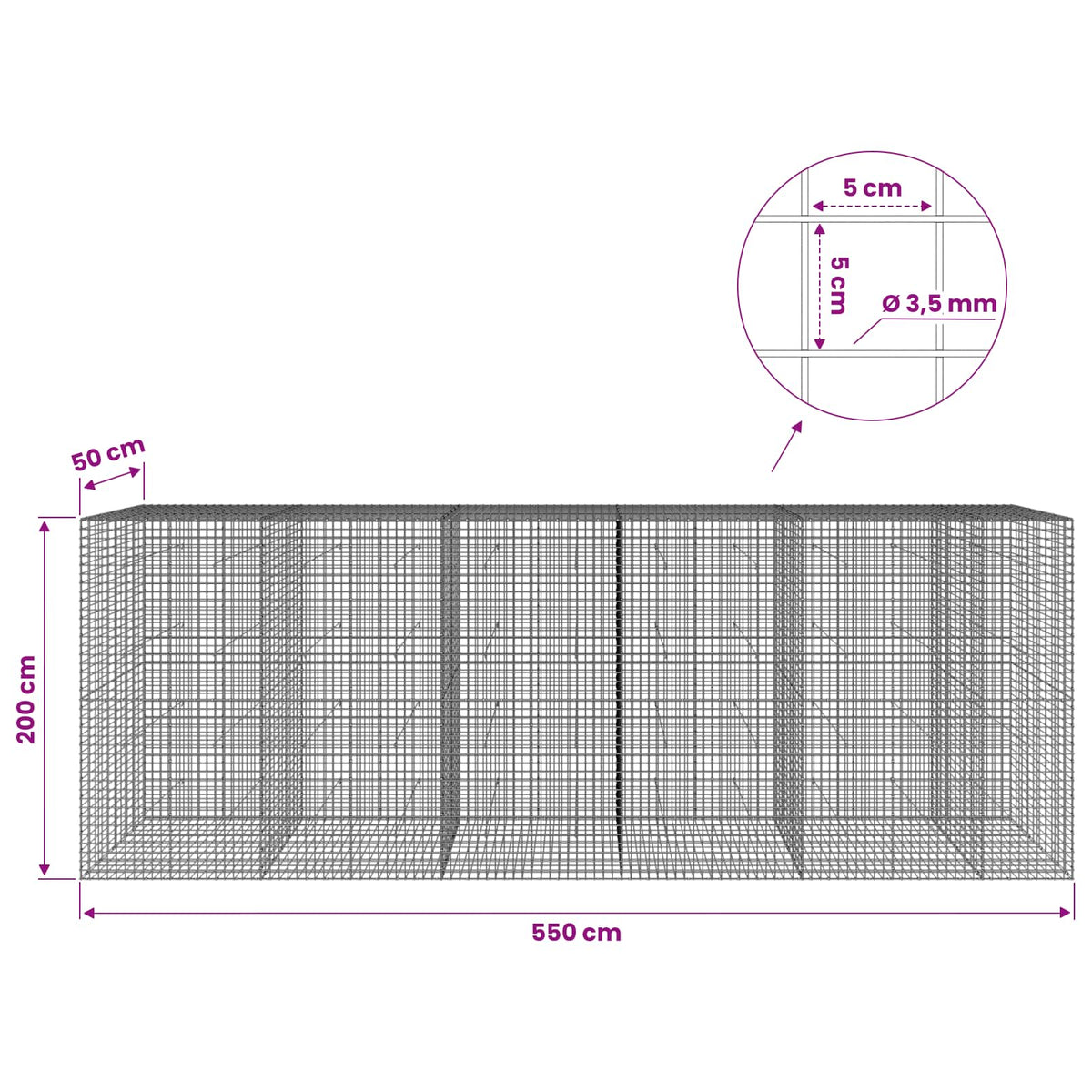 Gabion s žicom debljine 3,5 mm i mrežom 5x5 cm 550x50x200 cm