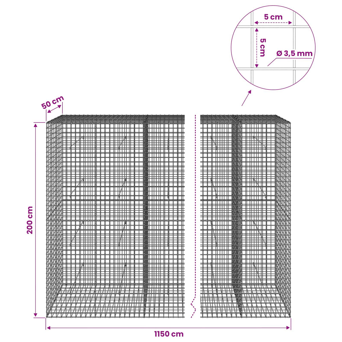 Gabion s žicom debljine 3,5 mm i mrežom 5x5 cm 1150x50x200 cm