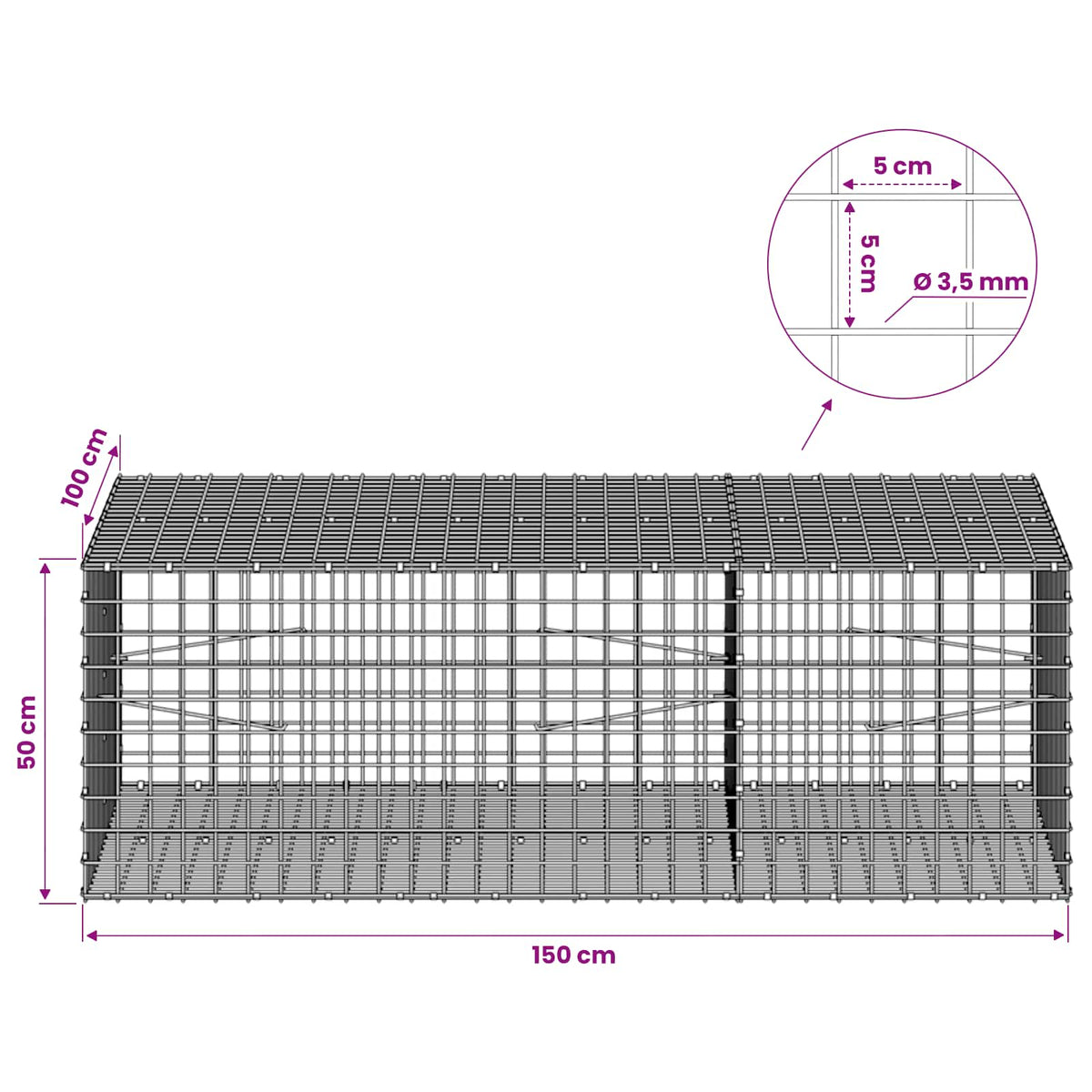 Gabion s žicom debljine 3,5 mm i mrežom 5x5 cm 150x100x50 cm