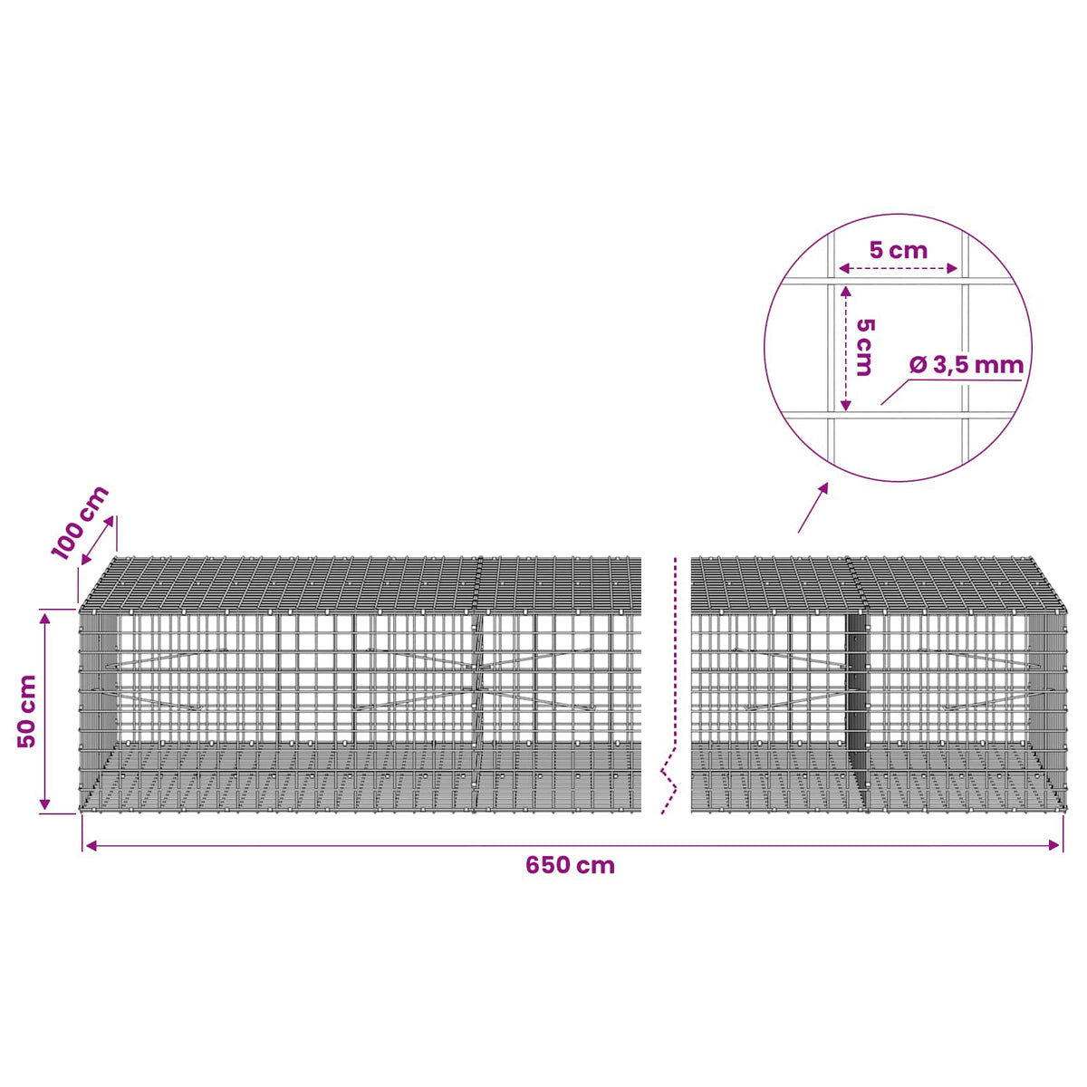 Gabion s žicom debljine 3,5 mm i mrežom 5x5 cm 650x100x50 cm