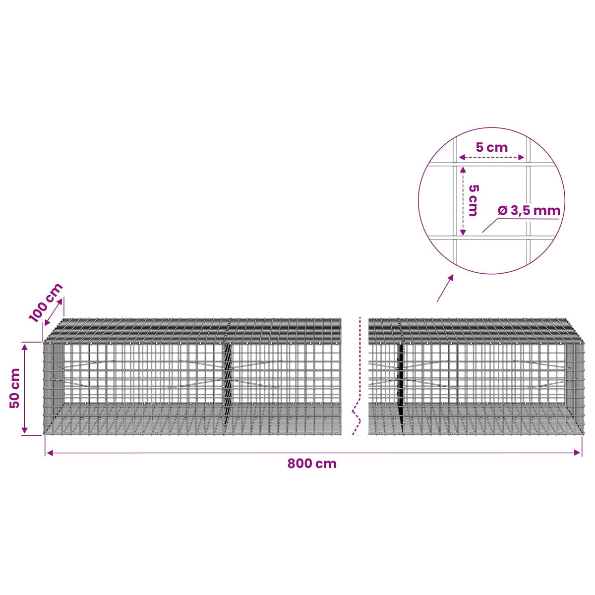 Gabion s žicom debljine 3,5 mm i mrežom 5x5 cm 800x100x50 cm