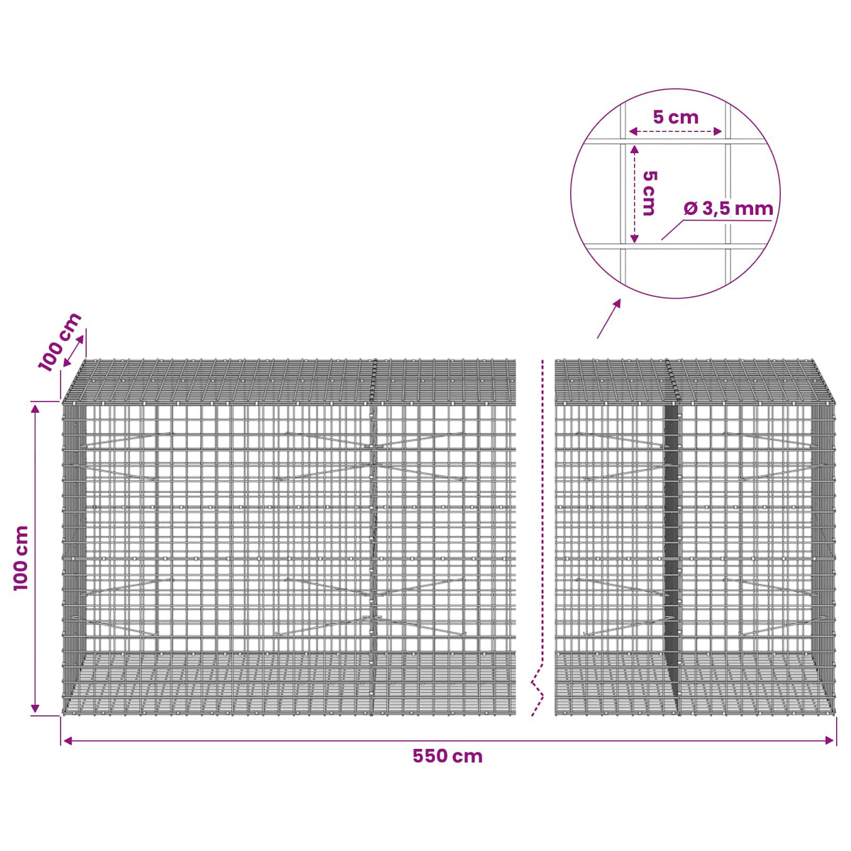 Gabion s žicom debljine 3,5 mm i mrežom 5x5 cm 550x100x100 cm