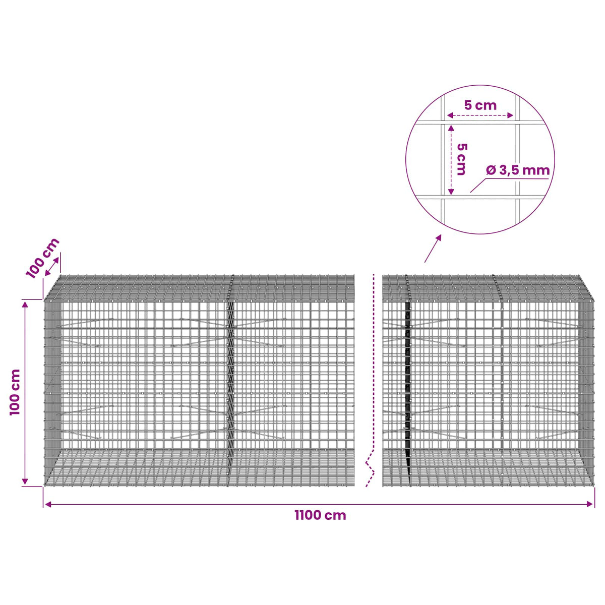 Gabion s žicom debljine 3,5 mm i mrežom 5x5 cm 1100x100x100 cm