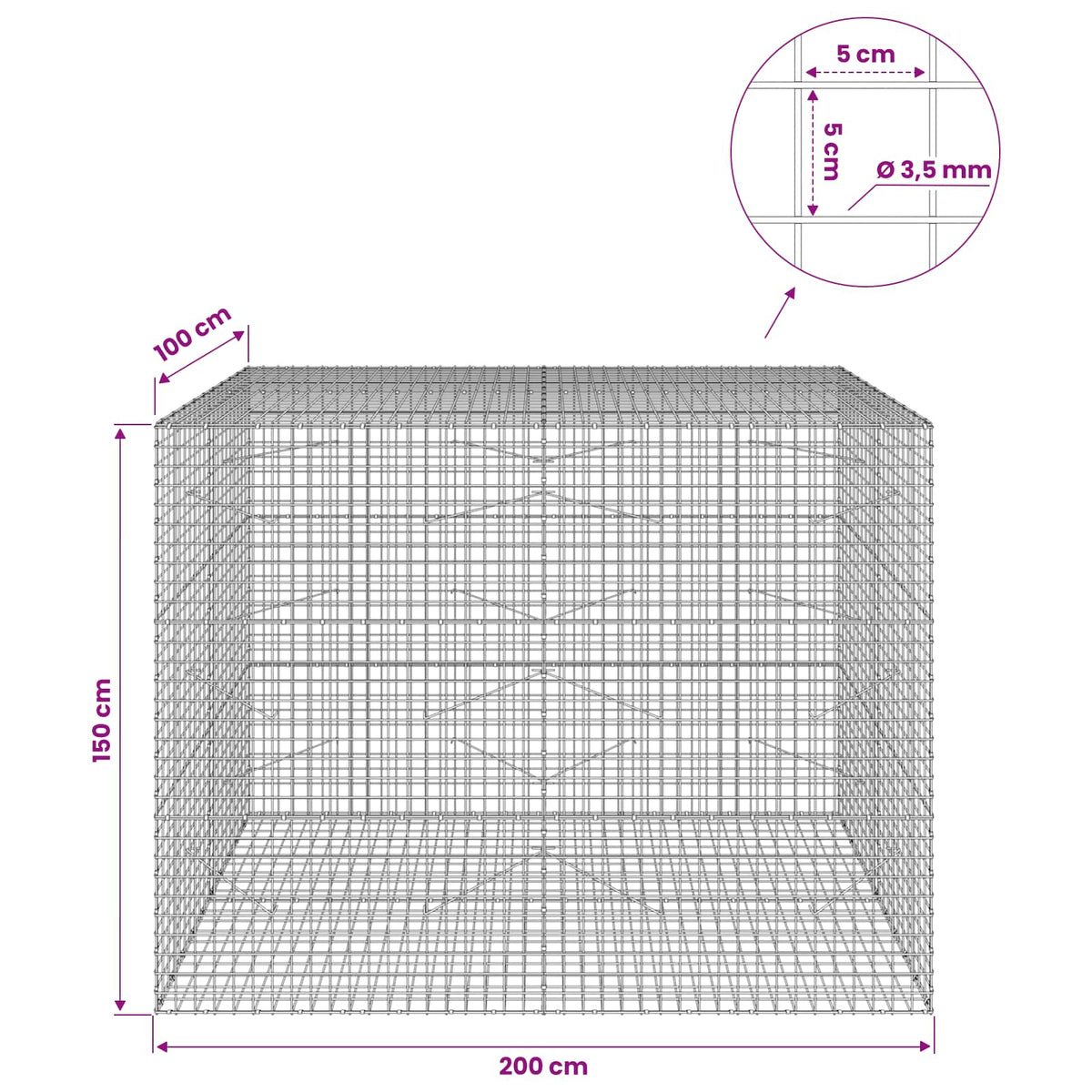Gabion s žicom debljine 3,5 mm i mrežom 5x5 cm 200x100x150 cm