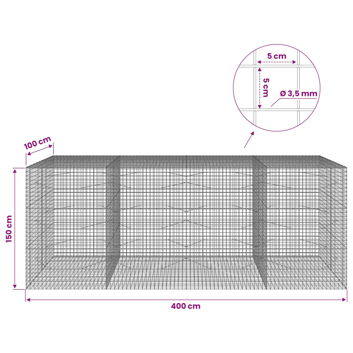 Gabion s žicom debljine 3,5 mm i mrežom 5x5 cm 400x100x150 cm