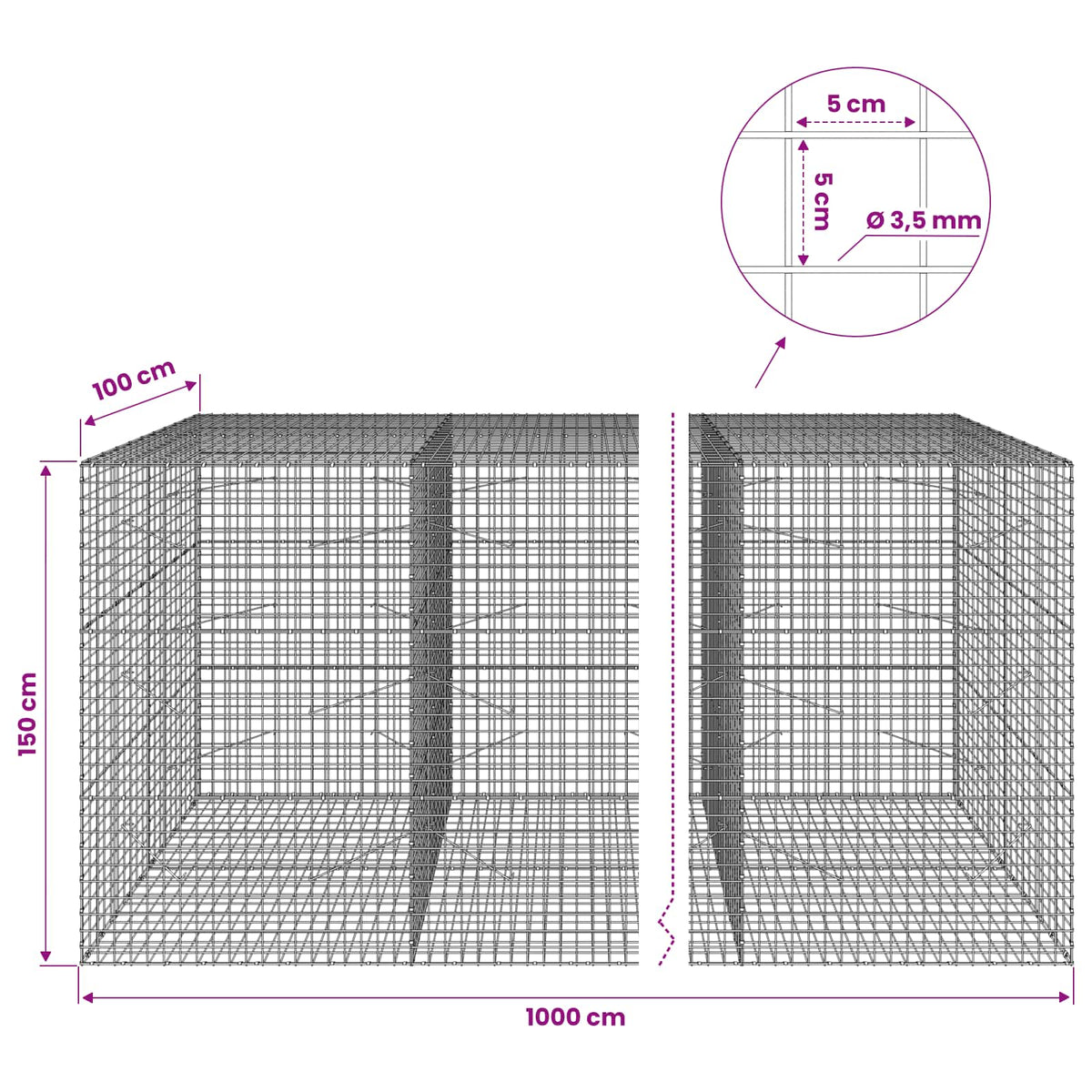Gabion s žicom debljine 3,5 mm i mrežom 5x5 cm 1000x100x150 cm