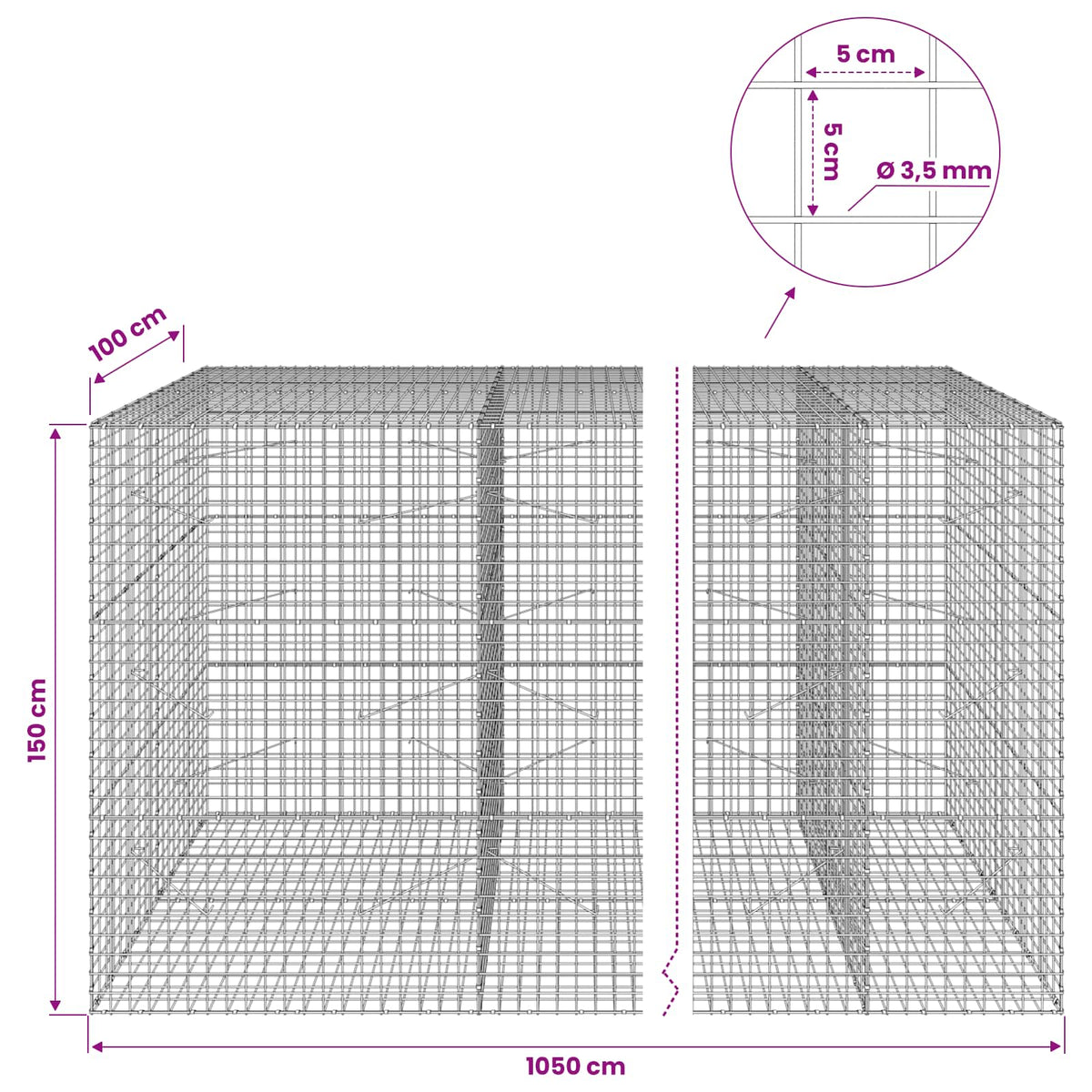 Gabion s žicom debljine 3,5 mm i mrežom 5x5 cm 1050x100x150 cm