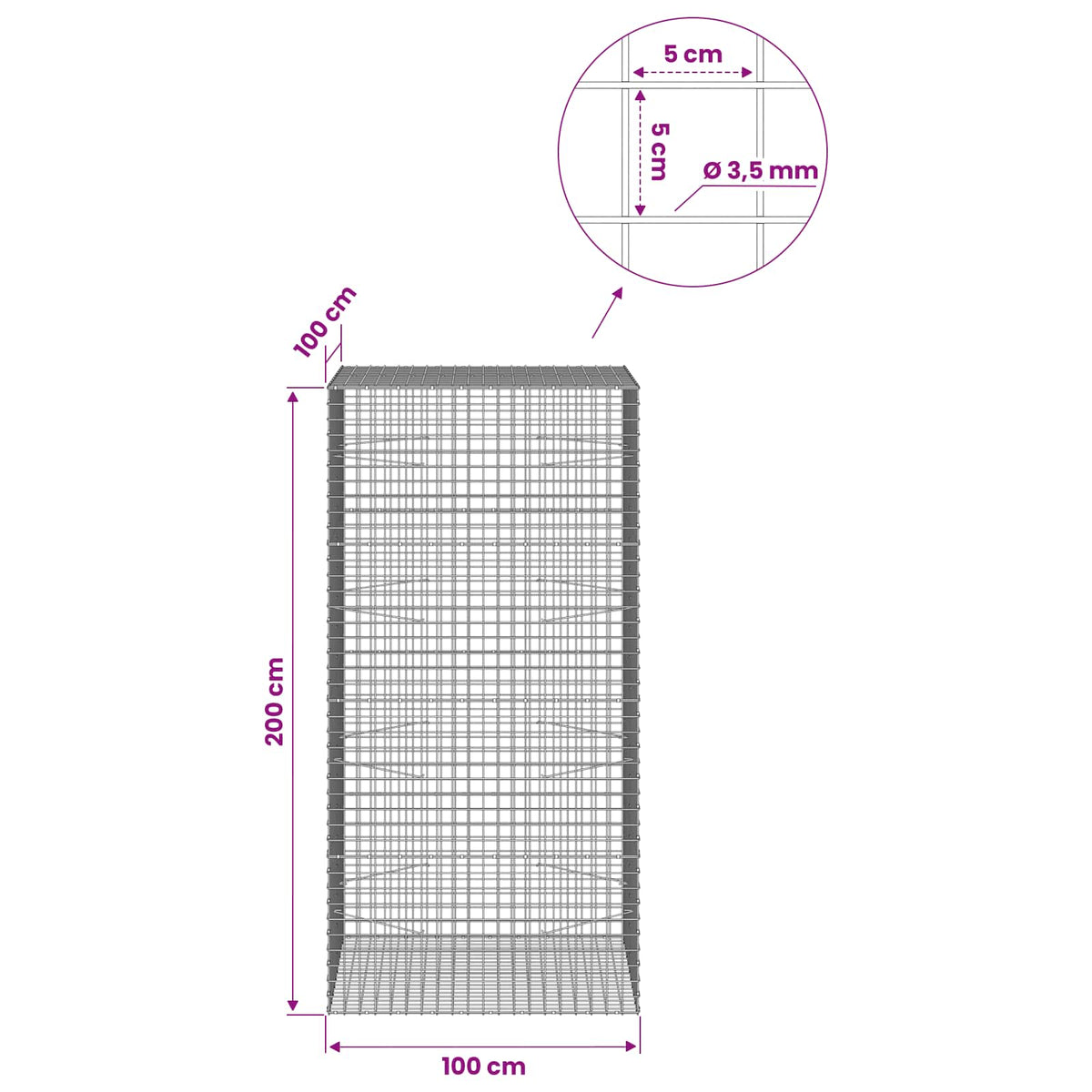 Gabion s žicom debljine 3,5 mm i mrežom 5x5 cm 100x100x200 cm