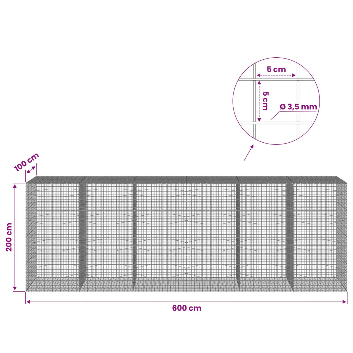 Gabion s žicom debljine 3,5 mm i mrežom 5x5 cm 600x100x200 cm