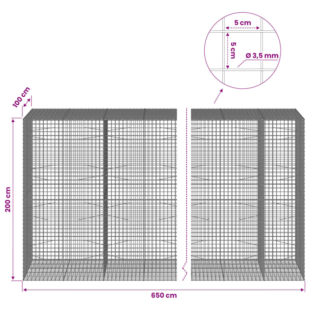 Gabion s žicom debljine 3,5 mm i mrežom 5x5 cm 650x100x200 cm