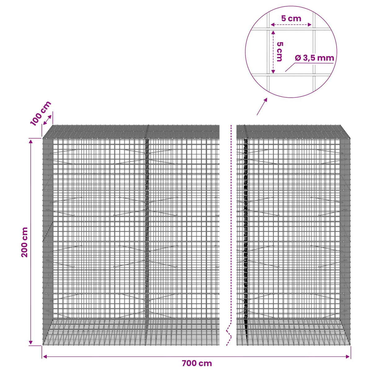 Gabion s žicom debljine 3,5 mm i mrežom 5x5 cm 700x100x200 cm