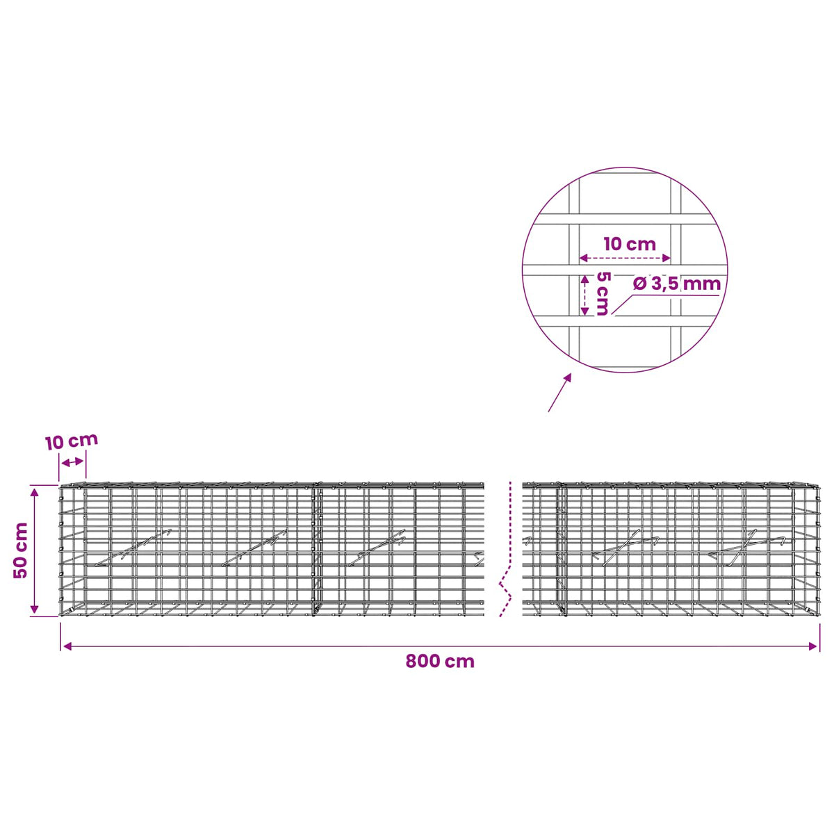 Gabion s žicom debljine 3,5 mm i mrežom 5x10 cm 800x10x50 cm