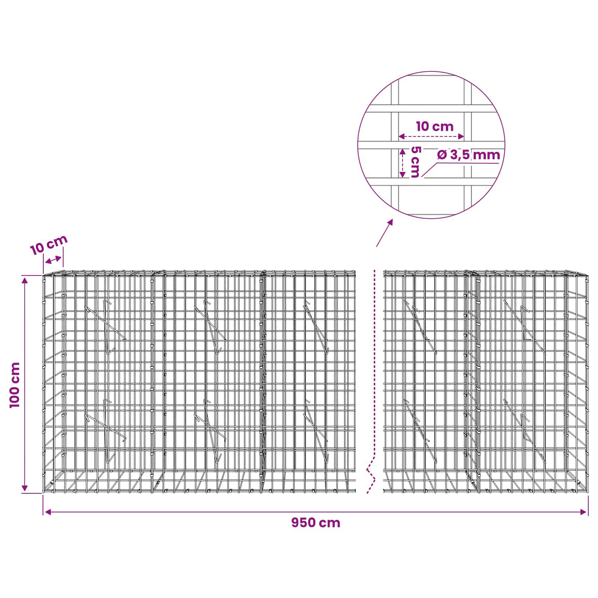 Gabion s žicom debljine 3,5 mm i mrežom 5x10 cm 950x10x100 cm