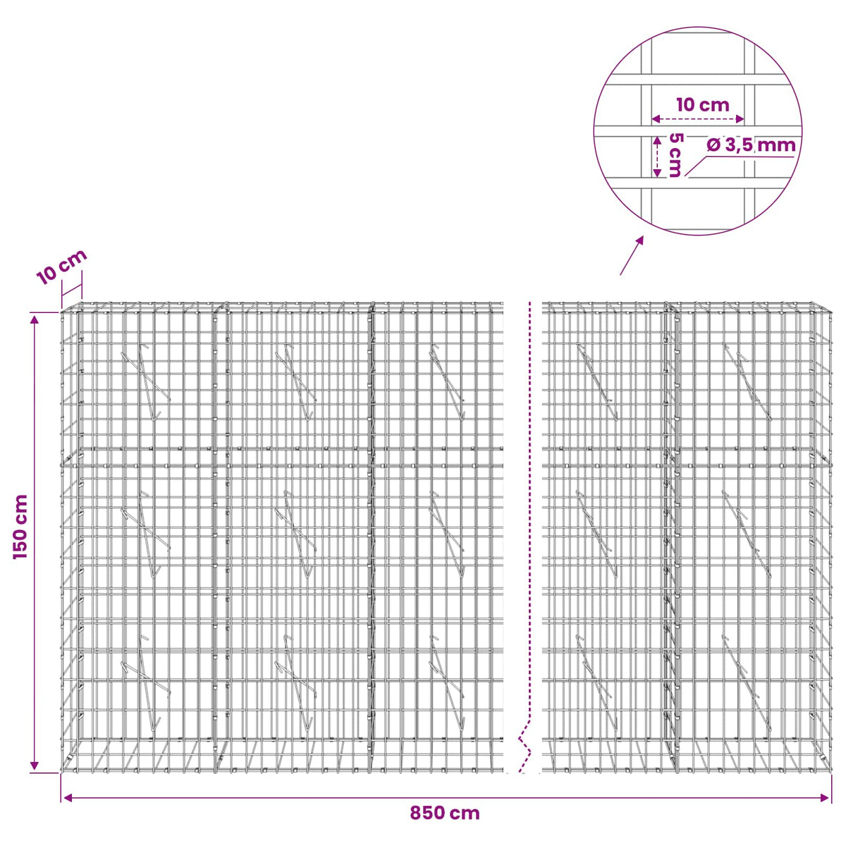 Gabion s žicom debljine 3,5 mm i mrežom 5x10 cm 850x10x150 cm