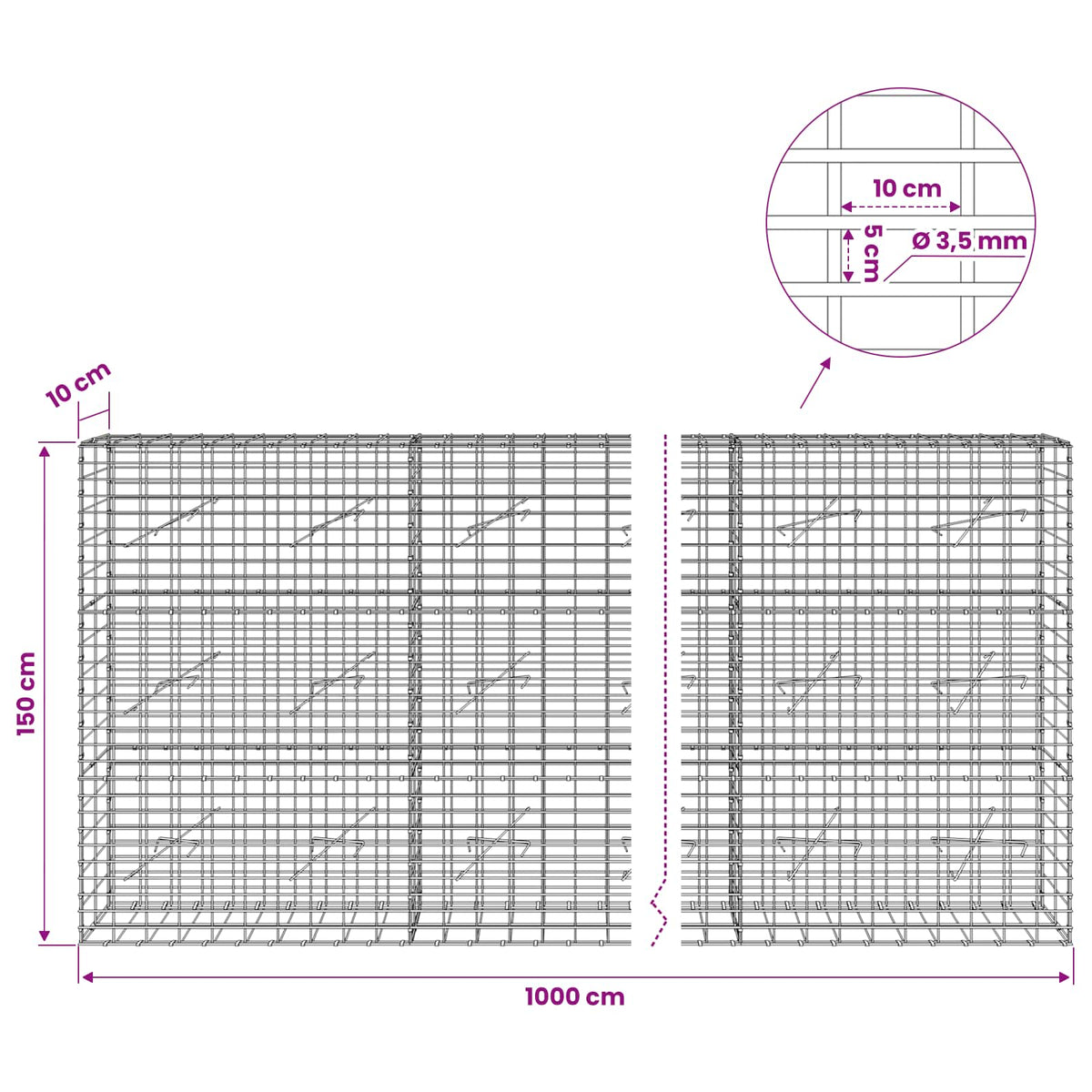 Gabion s žicom debljine 3,5 mm i mrežom 5x10 cm 1000x10x150 cm