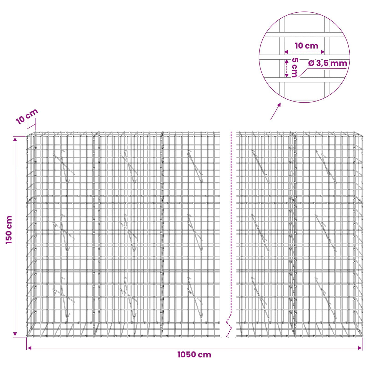Gabion s žicom debljine 3,5 mm i mrežom 5x10 cm 1050x10x150 cm
