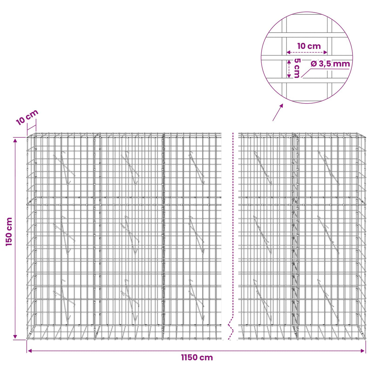 Gabion s žicom debljine 3,5 mm i mrežom 5x10 cm 1150x10x150 cm