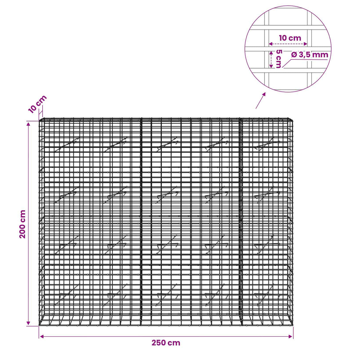 Gabion s žicom debljine 3,5 mm i mrežom 5x10 cm 250x10x200 cm